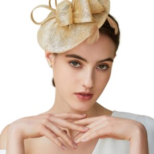 BABEYOND Women's Pillbox Fascinator Hat Kentucky Derby Hat Feather Fascinator Headband Tea Party Fascinator Hat for Cocktail Gold