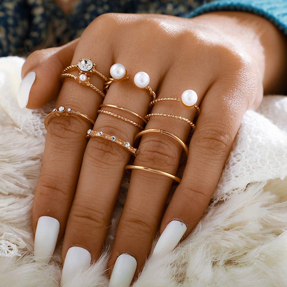 Missgrace 8 Piece Gold Knuckle Ring Set Vintage Pearls Rhinestones Boho Stackable Adjustable Rings for Women (Style 5)