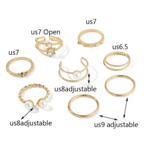 Missgrace 8 Piece Gold Knuckle Ring Set Vintage Pearls Rhinestones Boho Stackable Adjustable Rings for Women (Style 5)