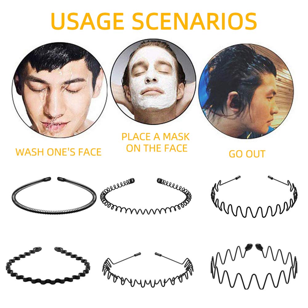 Hair Hoop,6Pcs Unisex Wavy Headband Metal Hair Hoop Multi-style Wave Spring Headband Wavy Comb Hair Band Accessories for Men and Women Black