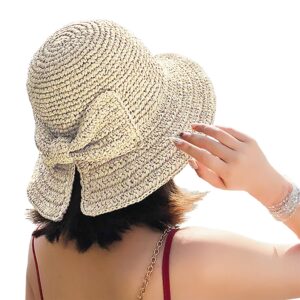 foldable wide brim floppy straw beach sun hat,summer cap with bowknot for women girls,strap adjustable (1 pack beige)