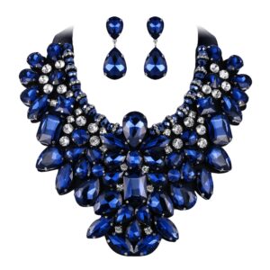 Flyonce Costume Jewelry for Women, Rhinestone Crystal Statement Necklace Earrings Set Dark Blue