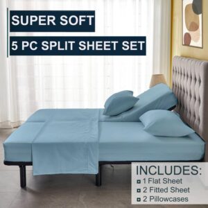 5 Piece Split King Sheets Sets for Adjustable beds - 400 Thread Count 100% Cotton (Light Blue Solid)