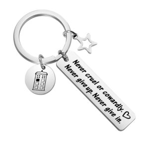 aktap police box keychain gift never cruel or cowardly never give up never give in movie quote jewelry for fans (police box keychain)