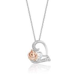 Jewelili Disney Princess Belle Inspired Rose Pendant Necklace with 1/10 CTTW Diamond in 14K Rose Gold over Sterling Silver Enchanted Disney Fine Jewelry