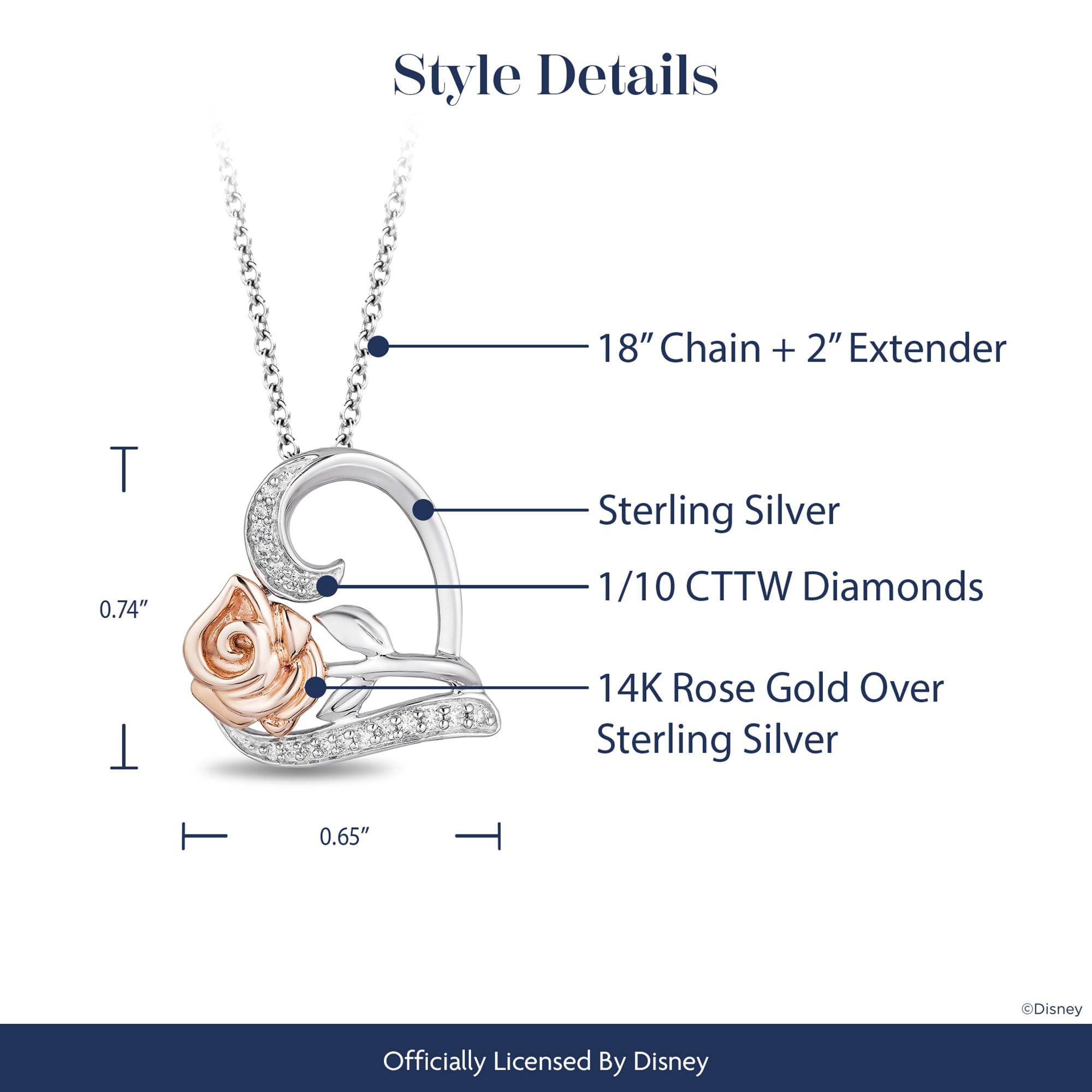 Jewelili Disney Princess Belle Inspired Rose Pendant Necklace with 1/10 CTTW Diamond in 14K Rose Gold over Sterling Silver Enchanted Disney Fine Jewelry