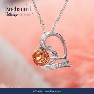 Jewelili Disney Princess Belle Inspired Rose Pendant Necklace with 1/10 CTTW Diamond in 14K Rose Gold over Sterling Silver Enchanted Disney Fine Jewelry