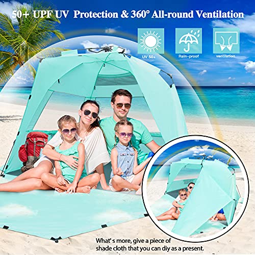 KO-ON Pop Up Beach Tent for 4 Person, Easy Setup and Portable Beach Shade Sun Shelter Canopy with UPF 50+ UV Protection, Extendable Floor with 3 Ventilating Windows Plus Carrying Bag