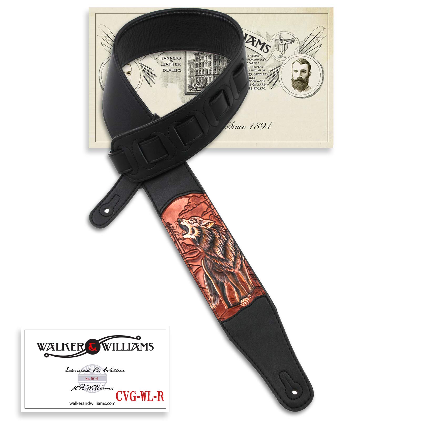 Walker & Williams CVG-WL-R Hand Carved Brick Red & Brown Howling Timber Wolf On Black Leather Guitar Strap For Acoustic, Electric, And Bass Guitars