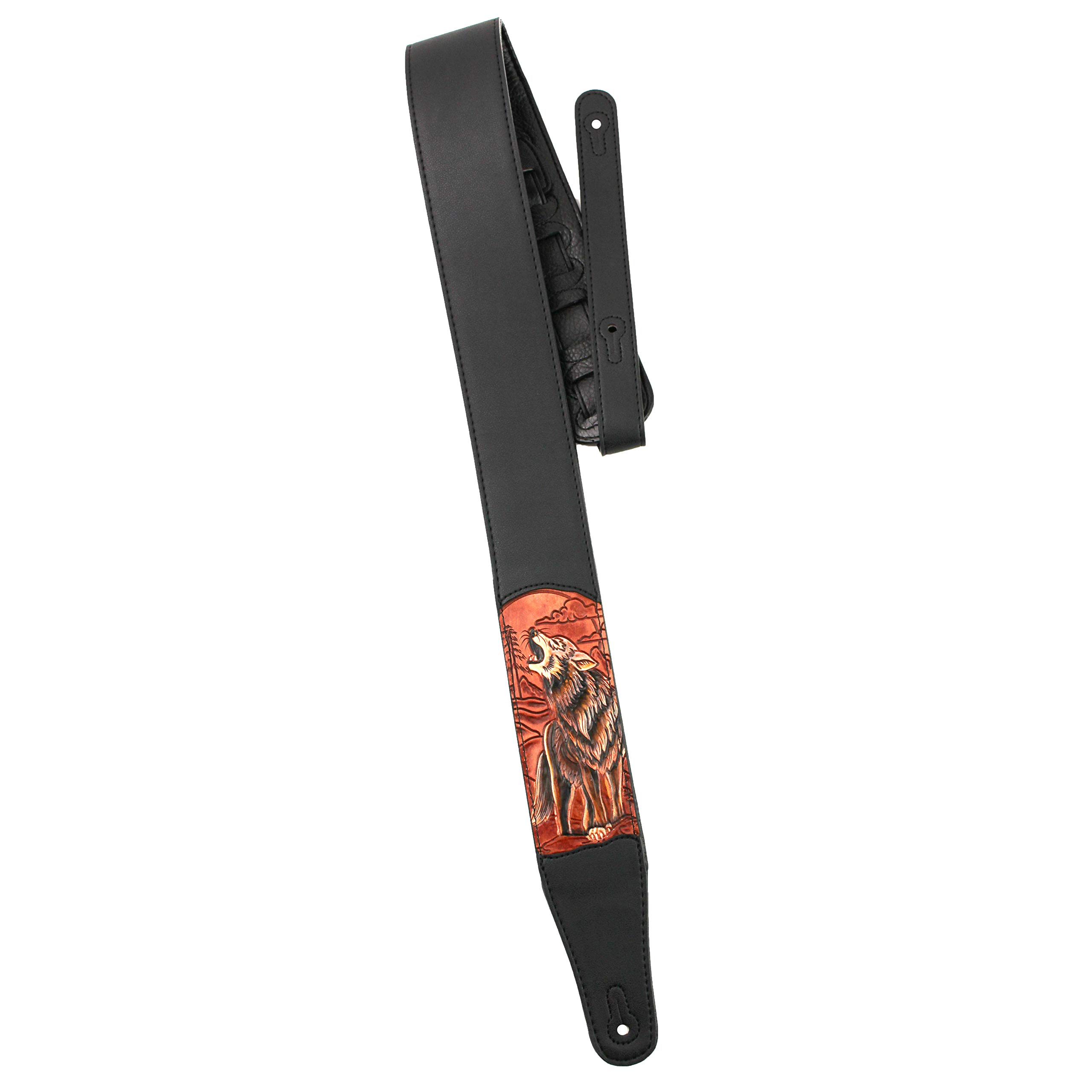 Walker & Williams CVG-WL-R Hand Carved Brick Red & Brown Howling Timber Wolf On Black Leather Guitar Strap For Acoustic, Electric, And Bass Guitars