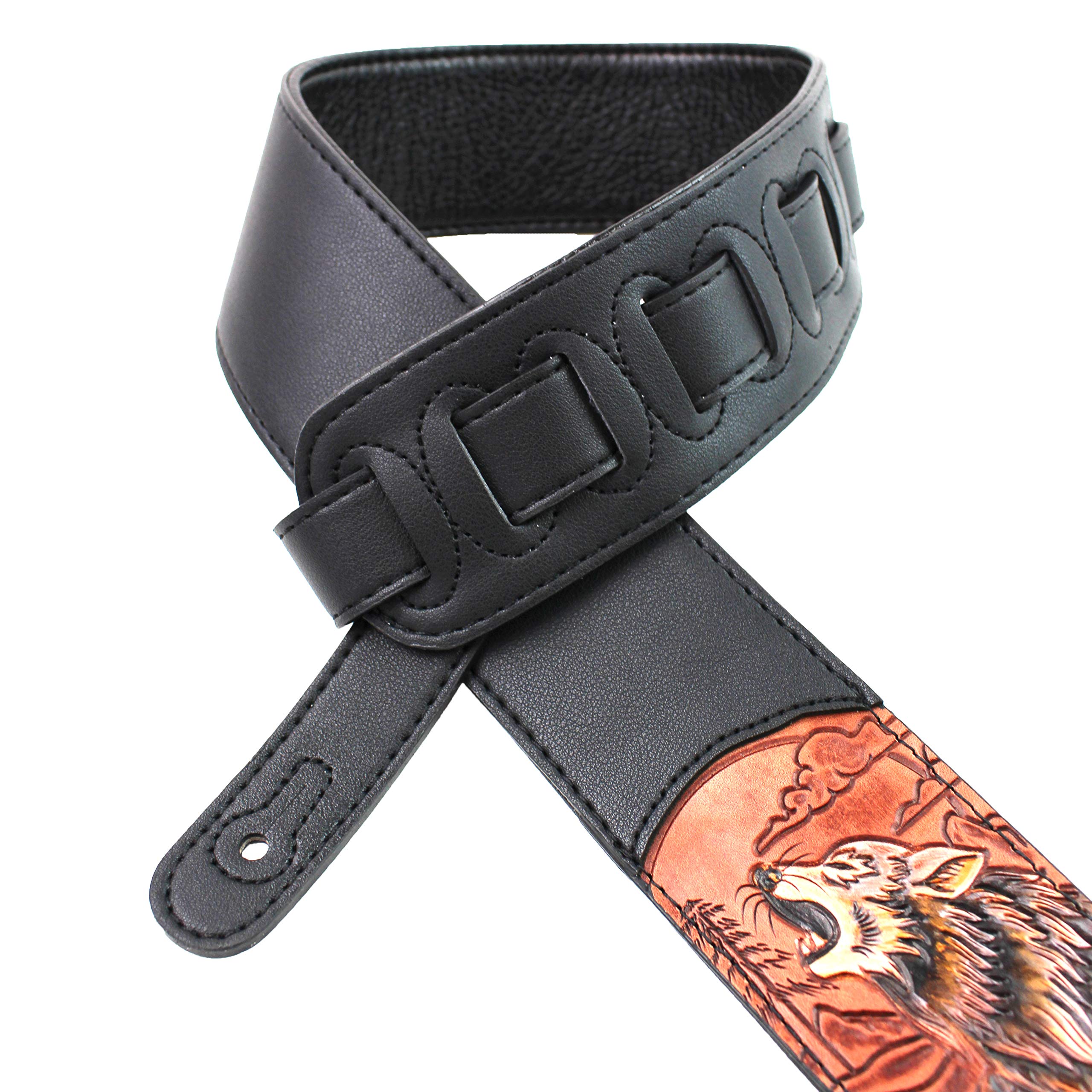 Walker & Williams CVG-WL-R Hand Carved Brick Red & Brown Howling Timber Wolf On Black Leather Guitar Strap For Acoustic, Electric, And Bass Guitars