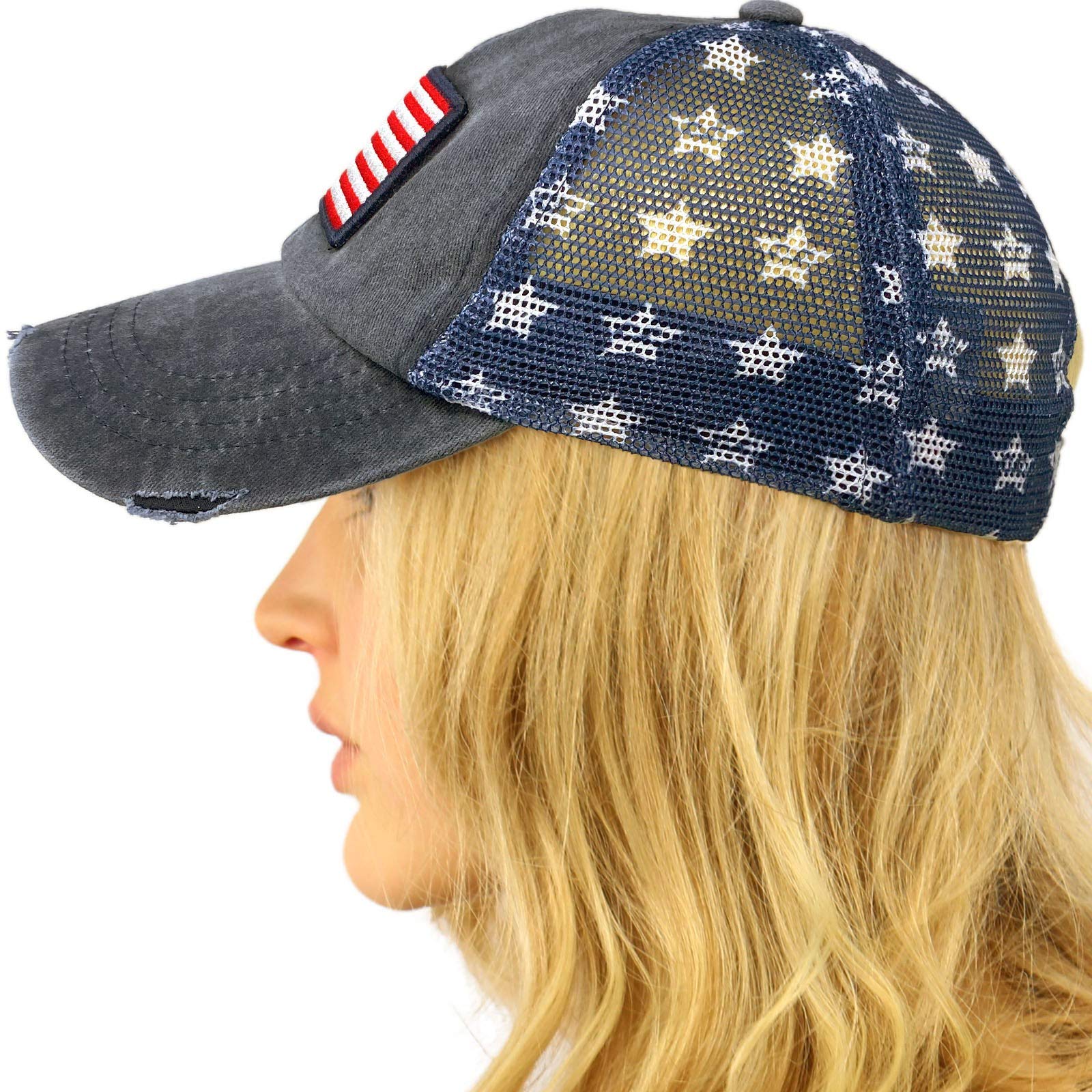 CC Everyday Distressed Trucker Mesh Summer Vented Baseball Sun Cap Hat (Patch American Flag)