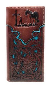 western genuine leather praying cowboy tooled laser cut men's long bifold wallet in 10 colors (brown/turquoise)