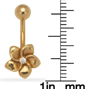 JewelryWeb Solid 14k Gold CZ Cubic Zirconia Plumeria Flower Curved Barbell Belly Button Navel Ring Dangle Piercing (8mm x 20mm) (yellow-gold)