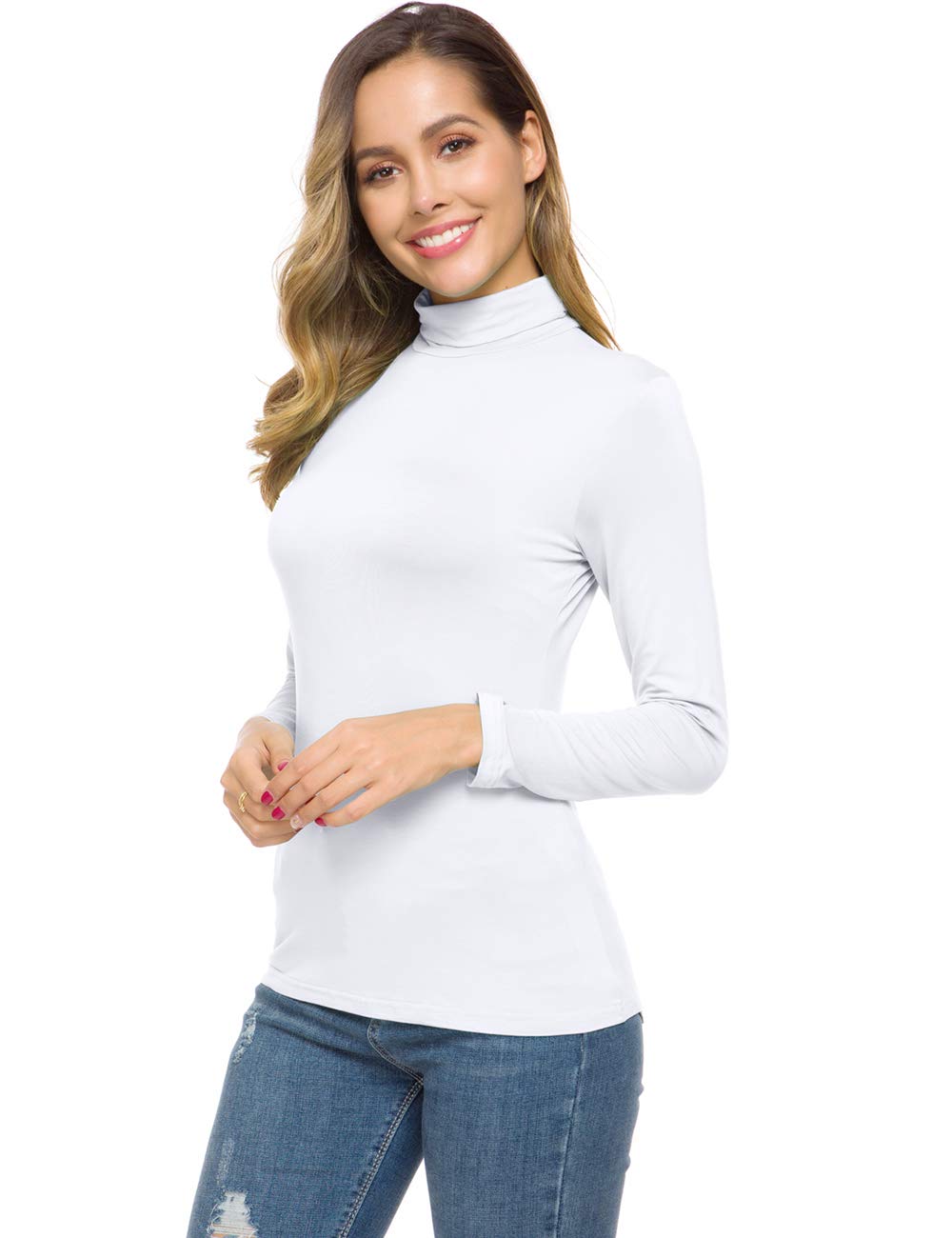 Women's White Long Sleeve Basic Layer Turtleneck Top Lightweight Slim Fit Soft T-Shirt Small