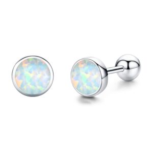 TANGPOET White Fire Opal Studs Screw Back Earrings for Women Sterling Silver Hypoallergenic Twist Back Earrings for Sensitive Ear Jewelry Birthday Gifts