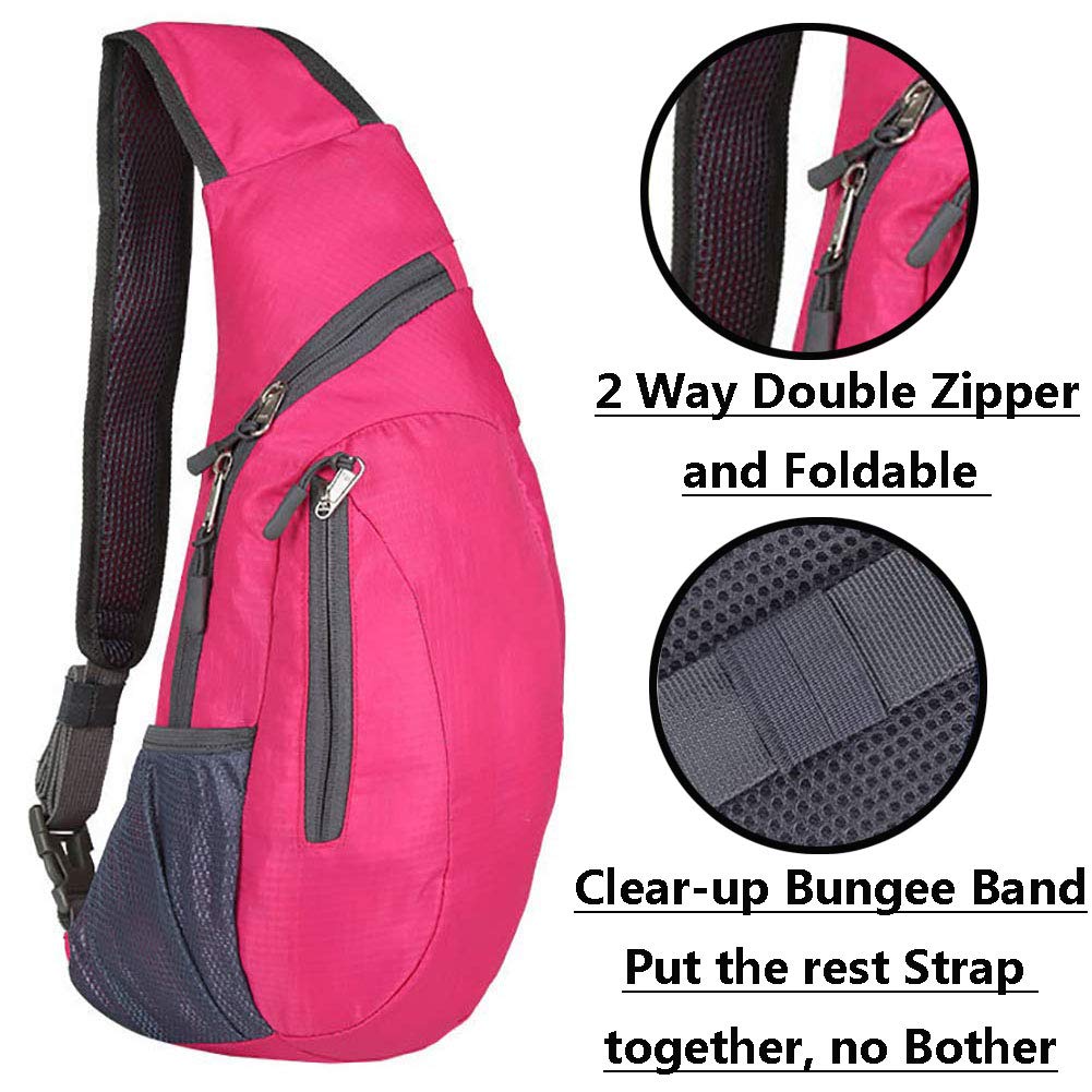 WTSHOPME Sling Bag Crossbody Shoulder Backpack Chest Daypack Small Foldable Rope Triangle Rucksack for Hiking Travel Cycling (Rose)