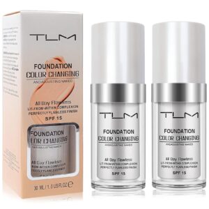 2 PACK TLM Color Changing Foundation Liquid Base,TLM Concealer Cover Cream,All Day Flawless Warm Skin Tone BB Cream Makeup Base Concealer for All Skin SPF15