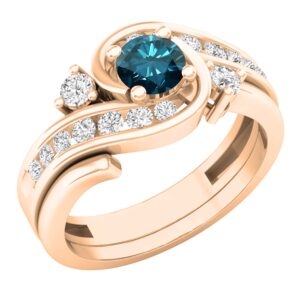 Dazzlingrock Collection 0.85 Carat (ctw) Round Blue & White Diamond Ladies Swirl Engagement Ring With Matching Band Set, 14K Rose Gold, Size 7