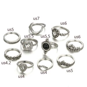 Missgrace Silver Trendy Simple Knuckle Rings Vintage Crystal and Rhinestones Silver Rings Set Tribal Accessory for Women 10Pcs (Style 13)