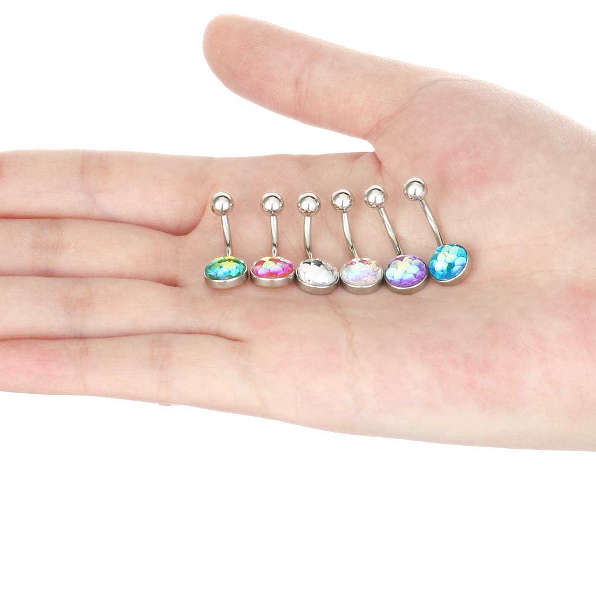 COTTVOTT 5-10pcs 14G Stainless Steel Belly Button Rings Womens Navel Piercing Body Jewelry (6pcs-Fish Scales Crystals-Mix)