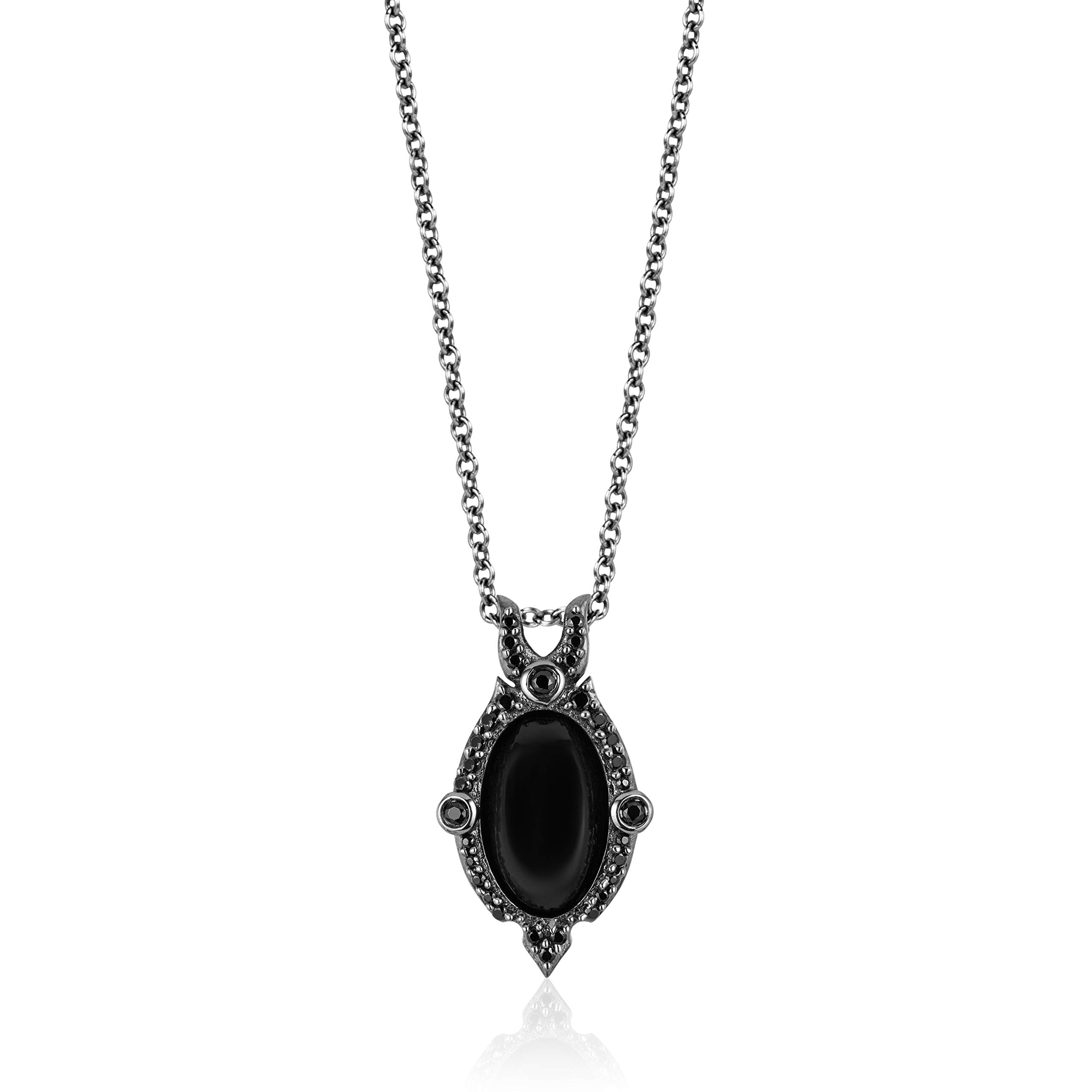 Jewelili Enchanted Disney Fine Jewelry Black Rhodium Over Sterling Silver 1/4 Cttw Diamond and Onyx Maleficent Villain Pendant