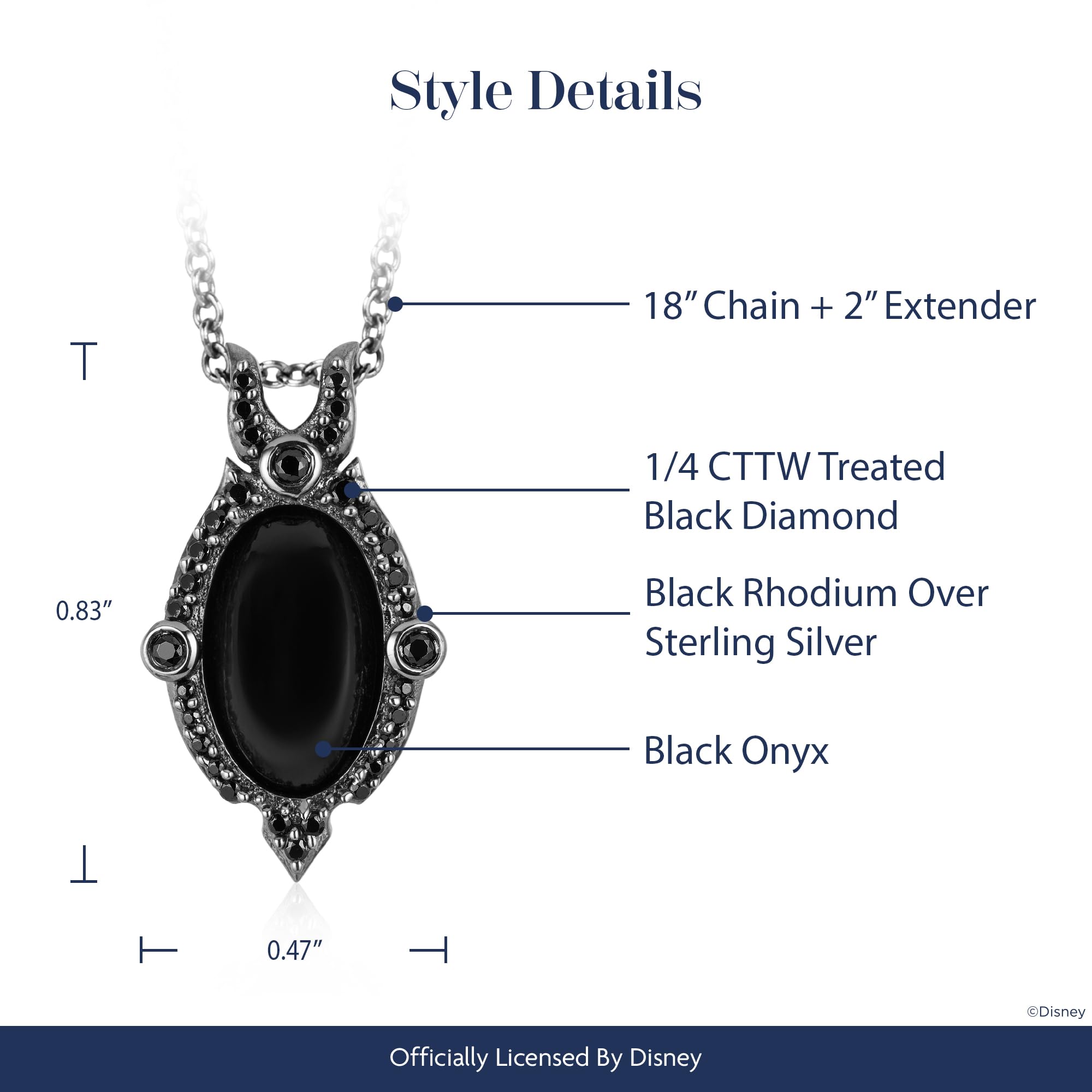 Jewelili Enchanted Disney Fine Jewelry Black Rhodium Over Sterling Silver 1/4 Cttw Diamond and Onyx Maleficent Villain Pendant