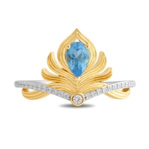 Jewelili Enchanted Disney Fine Jewelry Sterling Silver and 10K Yellow Gold 1/10 Cttw Diamond and Swiss Blue Topaz Aladdin Live Action Ring