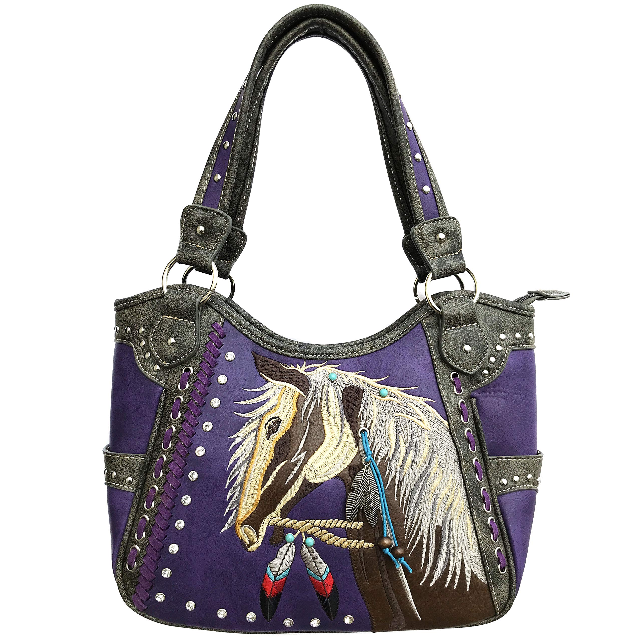 Zelris Dakota Dales Pony Horse Embroidery Mane Western Country Women Conceal Carry Tote Purse with Matching Wallet Set (Purple)