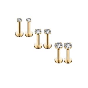 16g diamond cz lip rings labret monroe nose tragus helix ear piercing jewelry surgical stainless steel 2/3/4mm cz 6mm bar length 3 pairs set (3 pairsyellow gold - bar:6mm; cz:2-4mm))