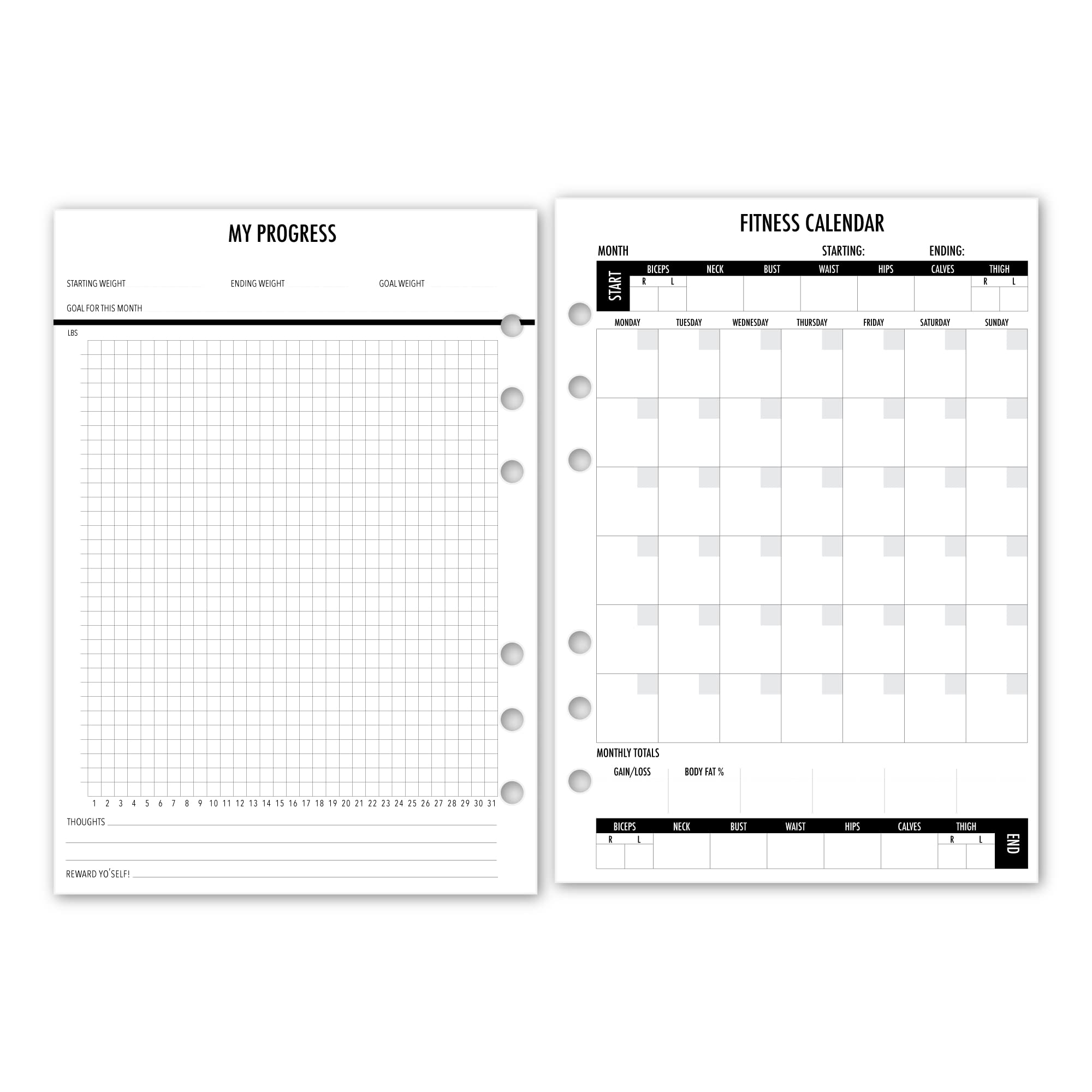 A5 Fitness Calendar Refill Insert, 5.83″ x 8.27″, Fits 6-Rings Binders - Filofax, LV GM, Moterm, Choice of Quantity