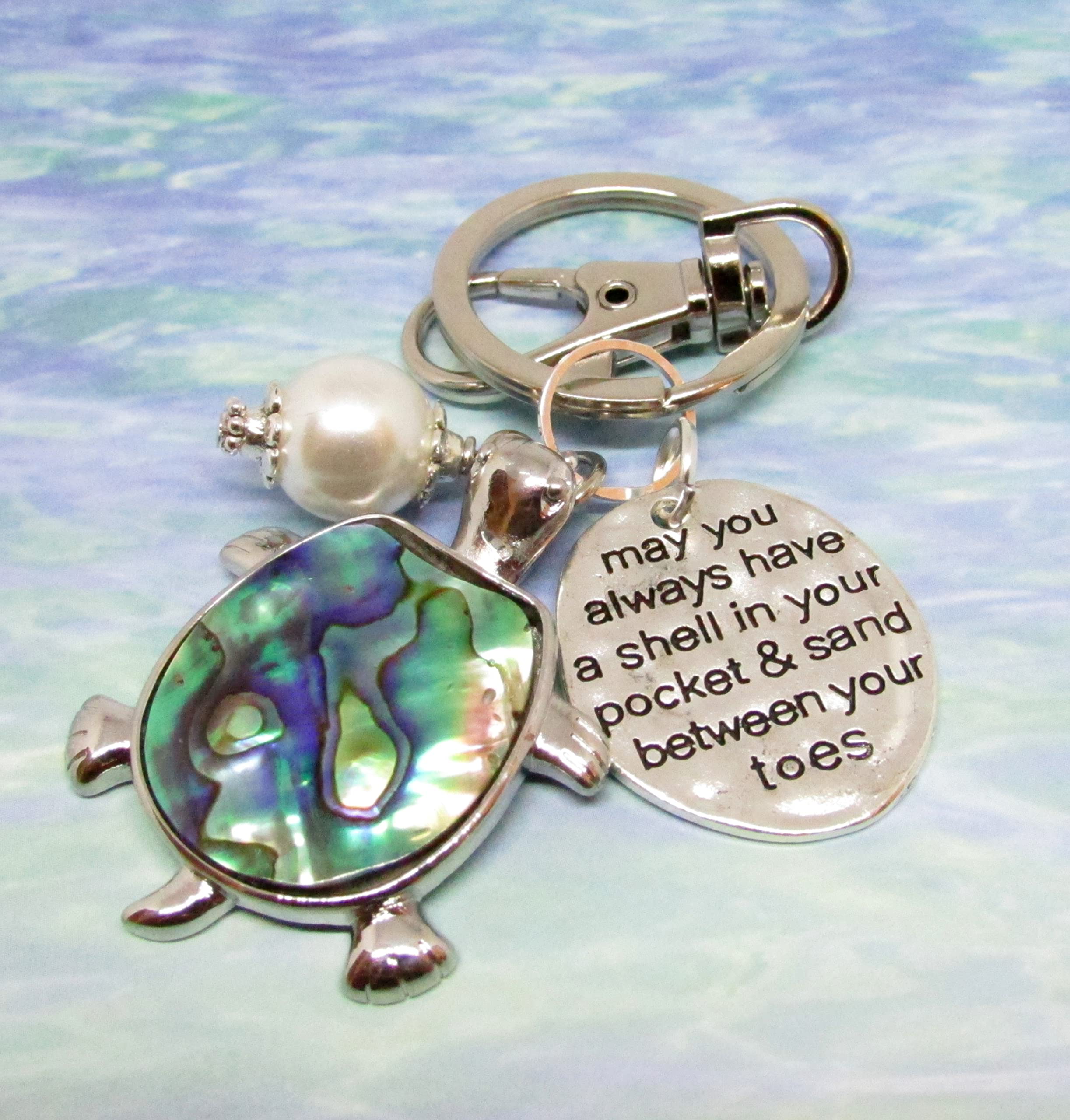 Sea Turtle Keychain - Beach Inspired Gifts - Abalone Shell Turtle Keyring - Birthday Gifts for Women