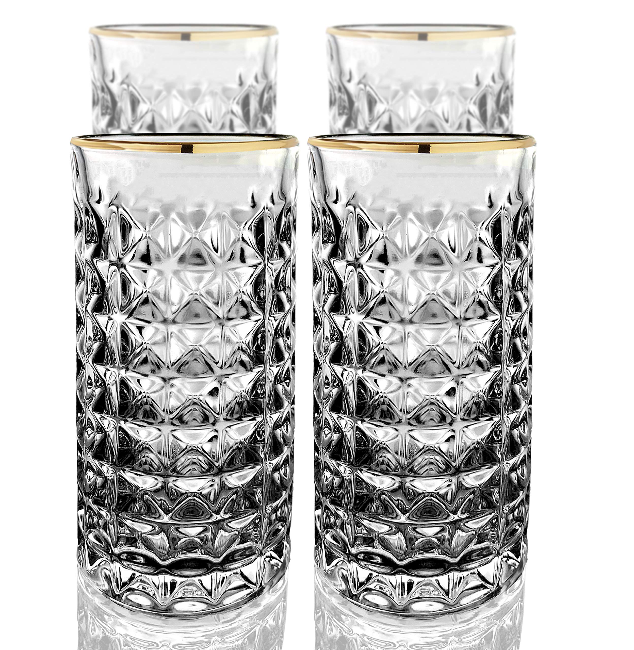 Amehla Co. Gold Rimmed Highball Collins Cocktail Glass Set | Drinking Glasses for Cocktails, Water, Juice, & Iced Tea or Coffee