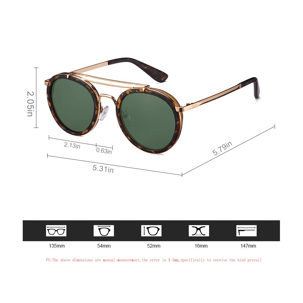 2020 VentiVenti Vintage Steampunk Double Bridge Round Polarized Sunglasses Designer Metal Frame For Women Men Tortoise Brown Frame/G15 Lens