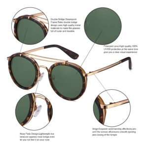 2020 VentiVenti Vintage Steampunk Double Bridge Round Polarized Sunglasses Designer Metal Frame For Women Men Tortoise Brown Frame/G15 Lens