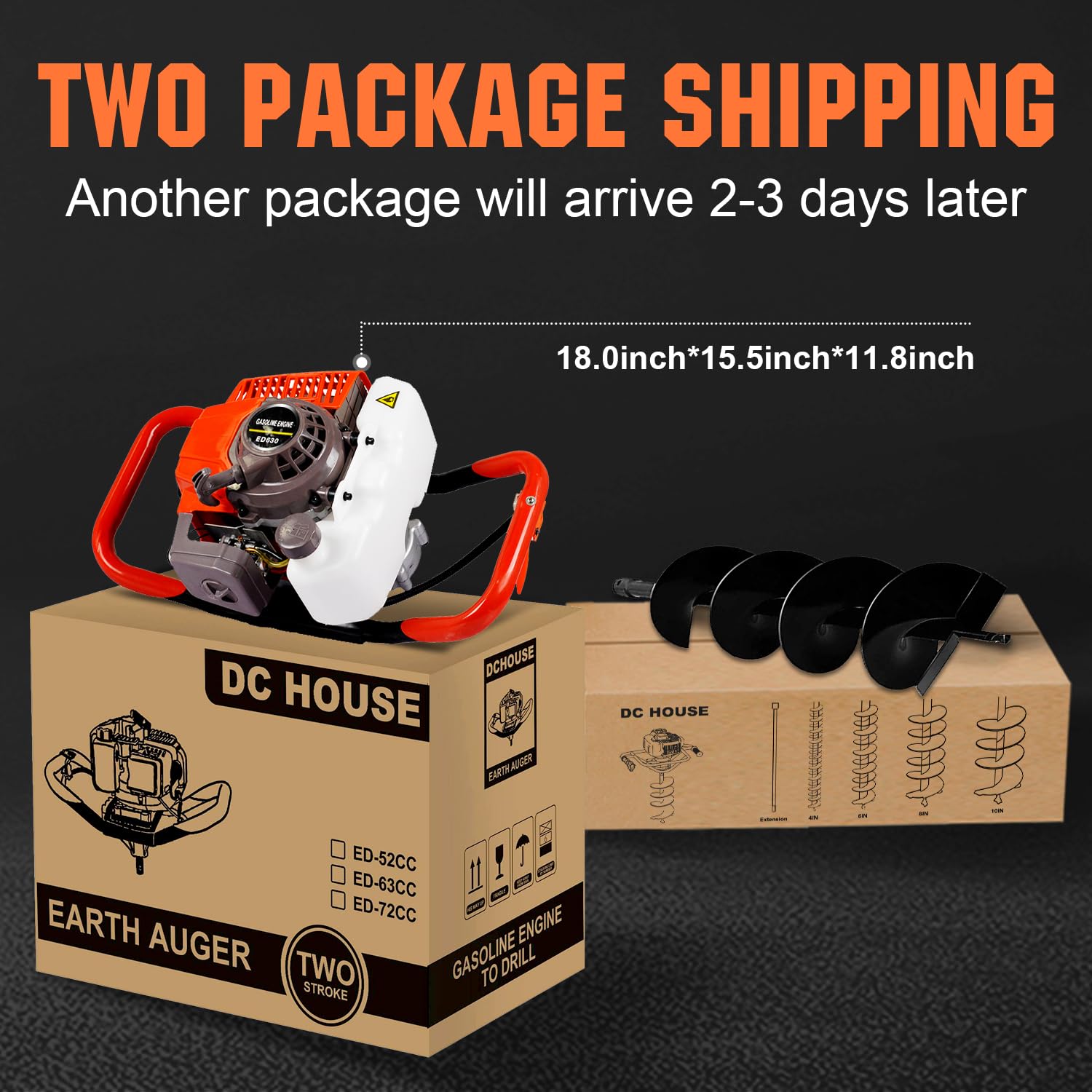 DC HOUSE 63CC Gas Powered Post Hole Digger with 8" Earth Auger Drill Bit, Post Hole Digger Auger Digging Tools, 2-3 Packages Shipping