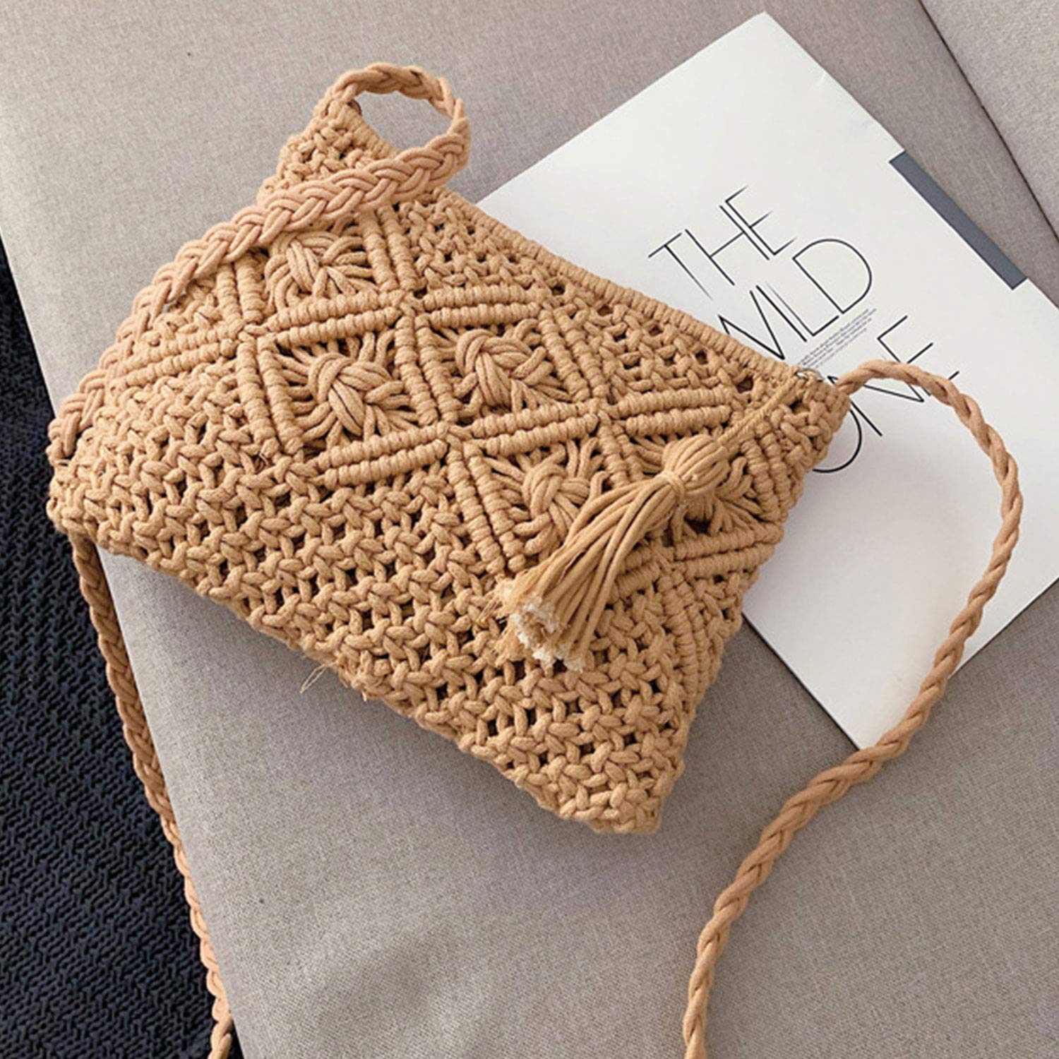 WOG2008 Handwoven Bag Clutch Purses for Women Tassel Straw Envelope Handbag Vintage Summer Beach Bag