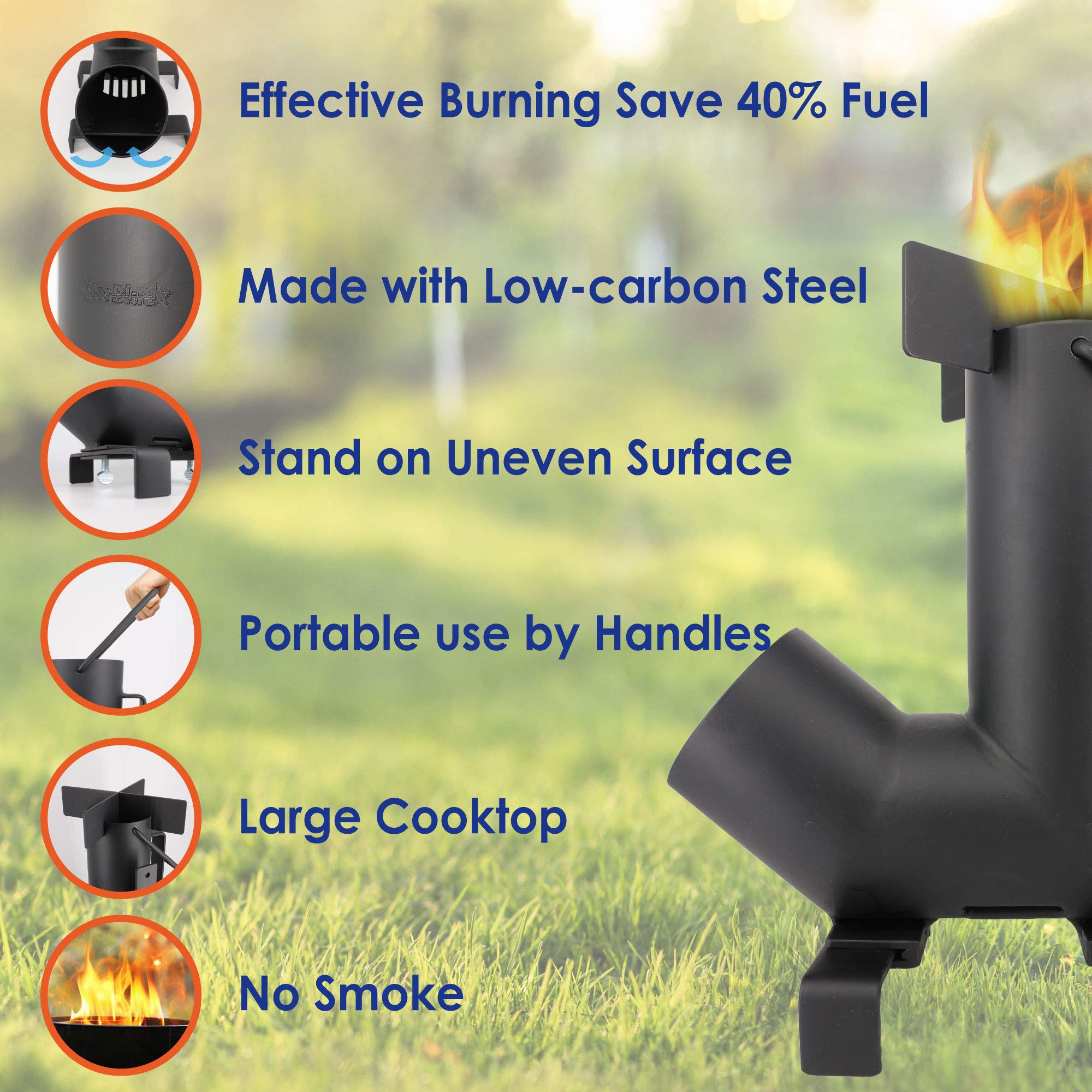 Camping Rocket Stove by StarBlue with FREE Carrying Bag - A Portable Wood Burning Camping Stove with Large Fuel Chamber Best for Outdoor Cooking, Camping, Picnic, BBQ, Hunting, Fishing