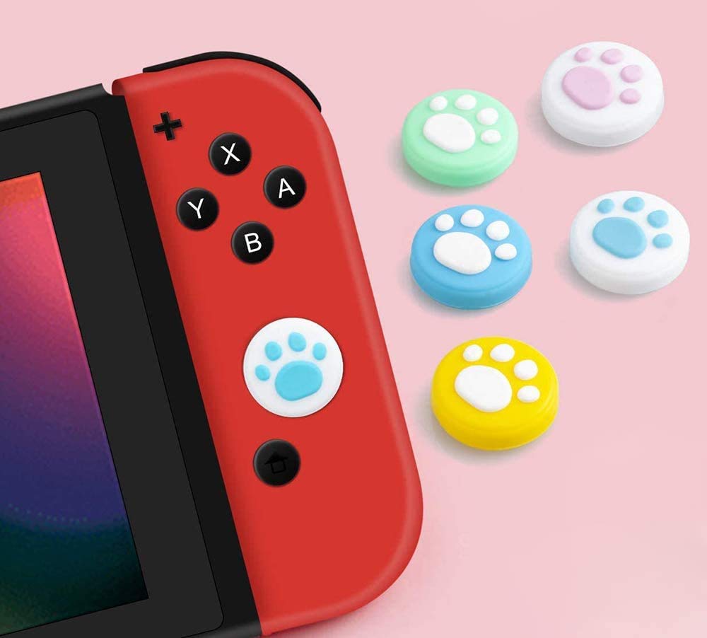 2 x Silicone Analog Controller Thumb Stick Joystick Grips Cap for Nintendo Switch NS & Switch Lite Controller Joy-Con ThumbStick Cute Cat Paw Claw (White-Pink)