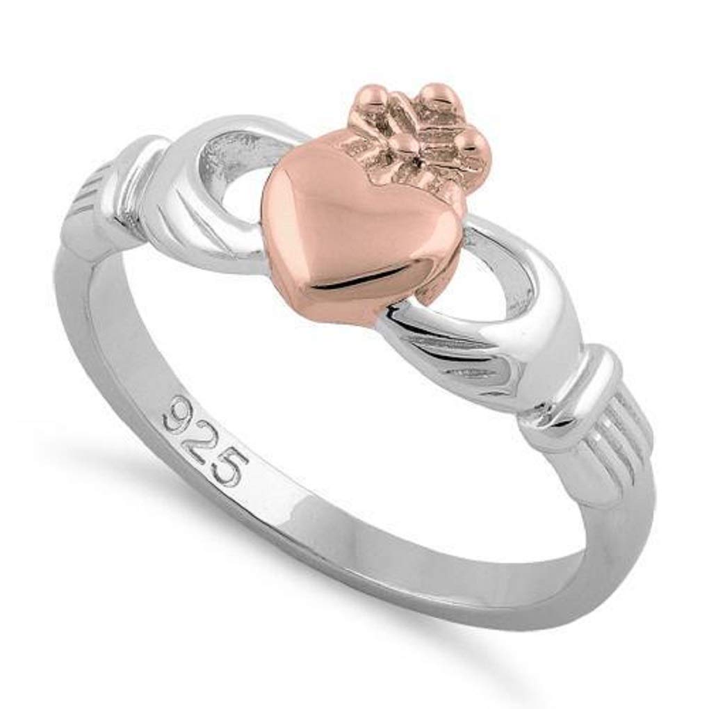 Sterling Silver The Claddagh ring a Traditional Representation of love, loyalty, and friendship(Size 2-14) (sterling-silver Rose gold plated Claddagh ring, 9)