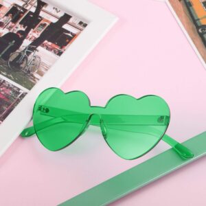 Maxdot 2 Pieces Heart Shape Rimless Sunglasses Transparent Candy Color Frameless Glasses Love Eyewear (Green)