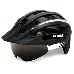 roam road bike helmet - durable helmets for adults with sun visor, led light and detachable magnetic goggles - adjustable size - mountain bicycle helmet for adult men & women﻿