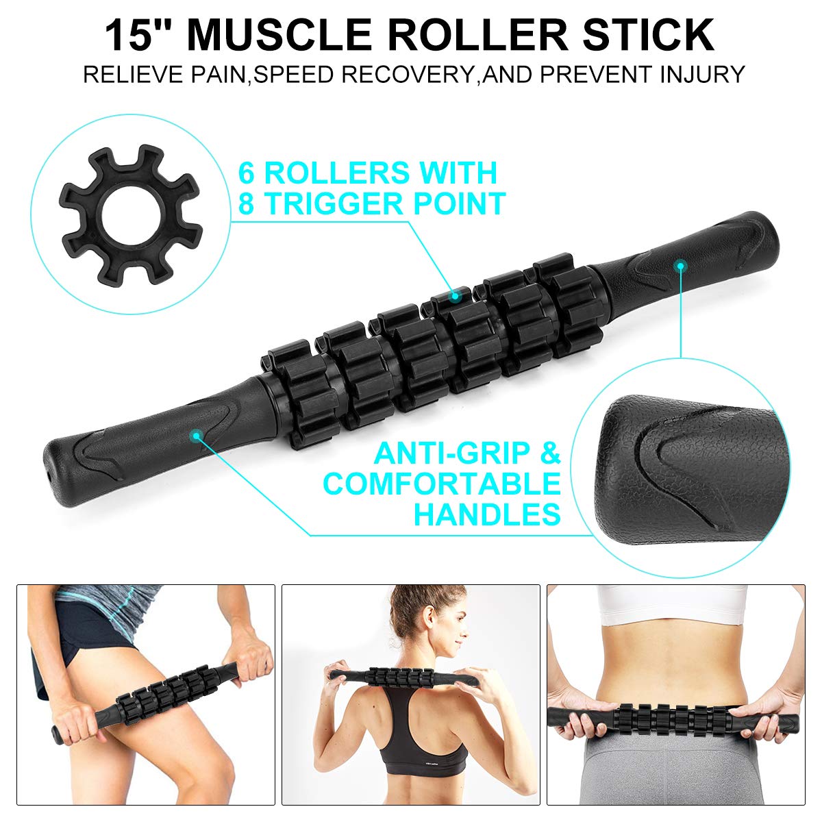 Foam Roller Set - High Density Back Roller, Muscle Roller Stick,2 Foot Fasciitis Ball, Stretching Strap, Peanut Massage Ball for Whole Body Physical Therapy & Exercise, Back Pain, Leg, Deep Tissue