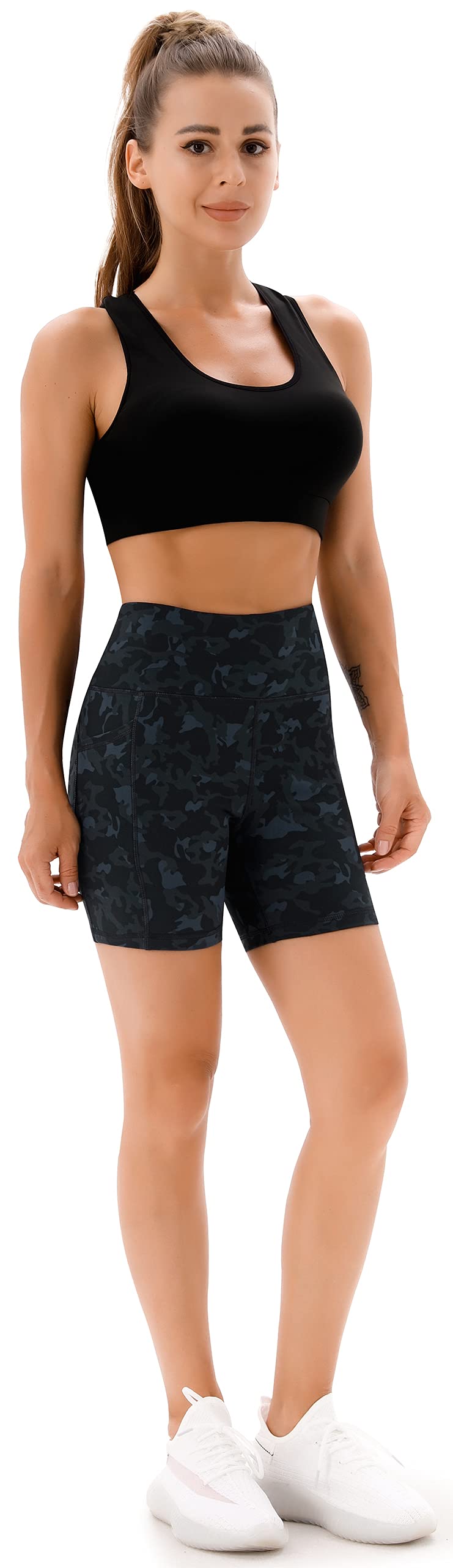 AFITNE Yoga Shorts for Women with Pockets High Waisted Printed Workout Athletic Running Shorts Biker Spandex Gym Fitness Tights Leggings Black Camo - XS