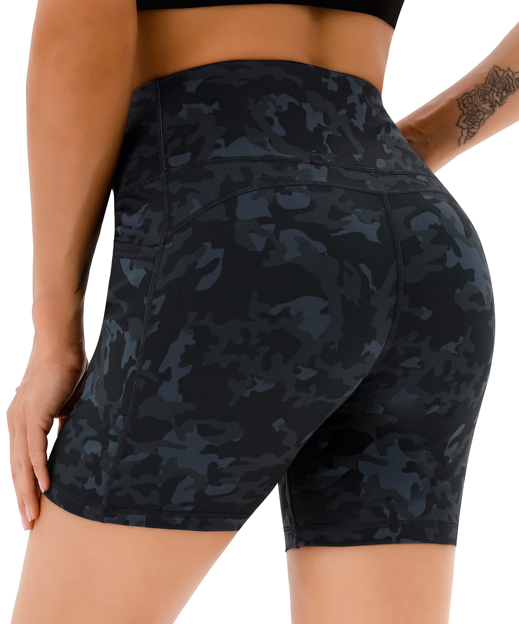 AFITNE Yoga Shorts for Women with Pockets High Waisted Printed Workout Athletic Running Shorts Biker Spandex Gym Fitness Tights Leggings Black Camo - XS