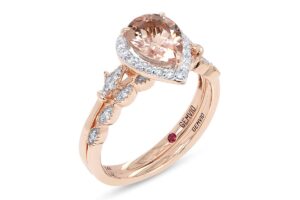 gemvio collection fleur-de-lis vintage style bridal set, pear cut natural morganite 8x6mm gemstone & diamond in 14k solid rose gold engagement promise anniversary wedding ring (1.10 cttw) size-8