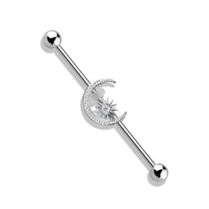 Pierced Owl CZ Crystal Paved Crescent Moon and Star Stainless Steel Industrial Barbell (Silver Tone)