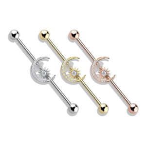 Pierced Owl CZ Crystal Paved Crescent Moon and Star Stainless Steel Industrial Barbell (Silver Tone)