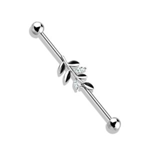 Pierced Owl CZ Crystal Leaf Stainless Steel Industrial Barbell (Silver Tone)