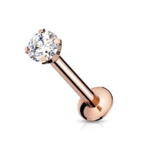 Dynamique CZ Prong Set Threadless Top PVD Over 316L Surgical Steel Push in Style Labret, Flat Back Stud (Sold Per Piece)